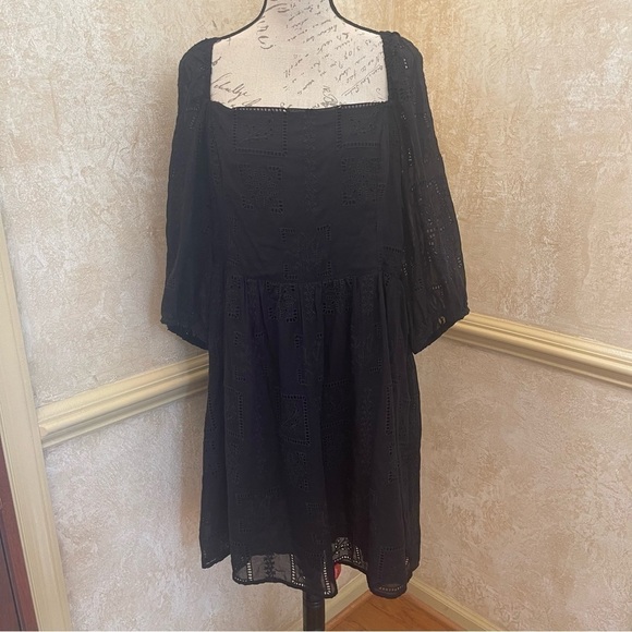 JOHNNY WAS ELLA SILK COTTON MINI DRESS BLACK EMBROIDERED PUFF SLEEVES Sz XL - Picture 4 of 14